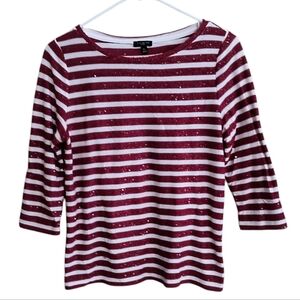 Talbots Petites Red/White Sequined Striped Crew Neck 3/4 Sleeves Top Size Mp
